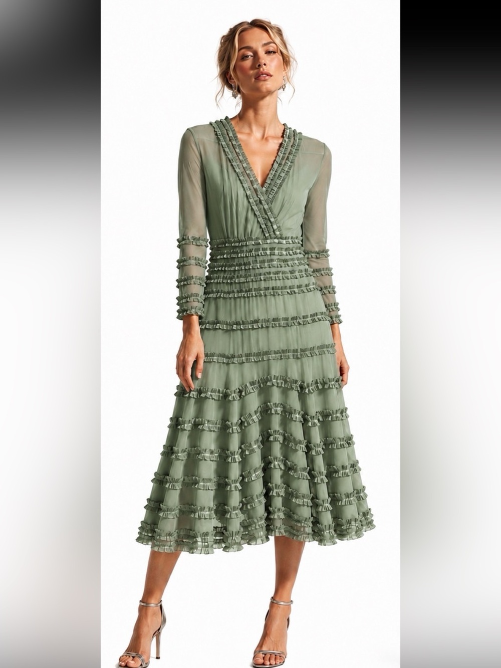 TEMPORARY LONDON Sage Ruffle Tiered Silk Midi Dress